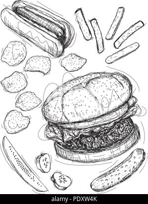 Fast food. Ein hamburger, Hot Dog, Pommes frites, Kartoffelchips und Pickles. Stock Vektor