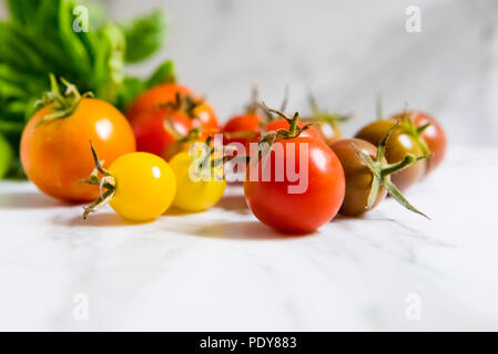 Vielzahl von selbst angebauten heirloom Tomaten, einschließlich Tommy Toe und schwarze Kirsche mit Basilikum im Hintergrund auf Marmor Küche Arbeitsplatte, Seitenansicht Stockfoto