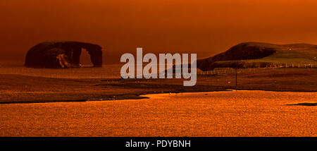 Dore Holm, kleinen Inselchen mit Natural Arch vor der Küste von Stenness, Esha Ness/Eshaness bei Sonnenuntergang auf dem Festland Shetlandinseln, Schottland, UK Stockfoto
