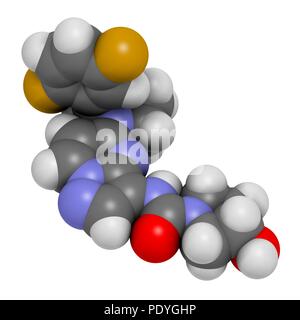 Larotrectinib Krebsmedikament Molekül. 3D-Rendering. Atome sind vertreten als Kugeln mit konventionellen Farbcodierung: Wasserstoff (weiß), Kohlenstoff (grau), Stickstoff (blau), Sauerstoff (rot), Fluor (Gold). Stockfoto