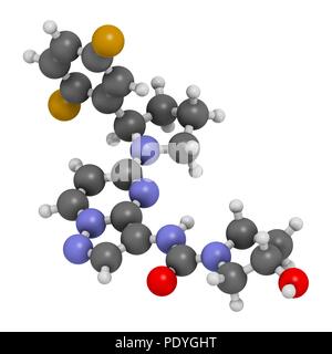 Larotrectinib Krebsmedikament Molekül. 3D-Rendering. Atome sind vertreten als Kugeln mit konventionellen Farbcodierung: Wasserstoff (weiß), Kohlenstoff (grau), Stickstoff (blau), Sauerstoff (rot), Fluor (Gold). Stockfoto