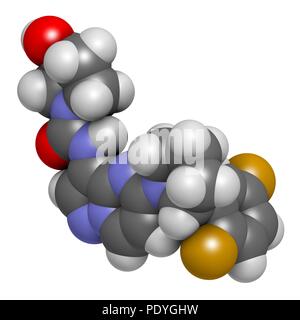 Larotrectinib Krebsmedikament Molekül. 3D-Rendering. Atome sind vertreten als Kugeln mit konventionellen Farbcodierung: Wasserstoff (weiß), Kohlenstoff (grau), Stickstoff (blau), Sauerstoff (rot), Fluor (Gold). Stockfoto