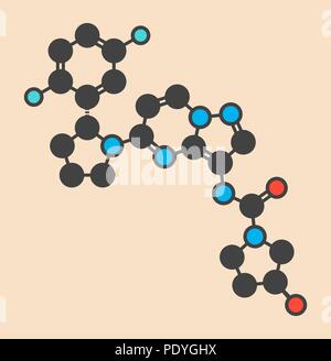 Larotrectinib Krebsmedikament Molekül. Stilisierte Skelett Formel (die chemische Struktur): Atome werden gezeigt, wie farbige Kreise: Wasserstoff (versteckt), Kohlenstoff (grau), Stickstoff (blau), Sauerstoff (rot), Fluor (cyan). Stockfoto