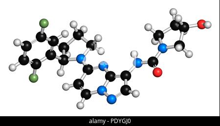 Larotrectinib Krebsmedikament Molekül. 3D-Rendering. Atome sind vertreten als Kugeln mit konventionellen Farbcodierung: Wasserstoff (weiß) Carbon (Schwarz), Stickstoff (blau), Sauerstoff (rot), Fluor (hellgrün). Stockfoto