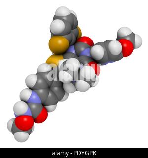 Relugolix Droge Molekül (gonadotropin-releasing Hormon-Antagonist). 3D-Rendering. Atome sind vertreten als Kugeln mit konventionellen Farbcodierung: Wasserstoff (weiß), Kohlenstoff (grau), Stickstoff (blau), Sauerstoff (rot), Schwefel (Gelb), Fluor (Gold). Stockfoto