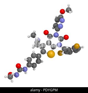 Relugolix Droge Molekül (gonadotropin-releasing Hormon-Antagonist). 3D-Rendering. Atome sind vertreten als Kugeln mit konventionellen Farbcodierung: Wasserstoff (weiß), Kohlenstoff (grau), Stickstoff (blau), Sauerstoff (rot), Schwefel (Gelb), Fluor (Gold). Stockfoto