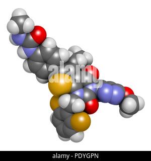 Relugolix Droge Molekül (gonadotropin-releasing Hormon-Antagonist). 3D-Rendering. Atome sind vertreten als Kugeln mit konventionellen Farbcodierung: Wasserstoff (weiß), Kohlenstoff (grau), Stickstoff (blau), Sauerstoff (rot), Schwefel (Gelb), Fluor (Gold). Stockfoto