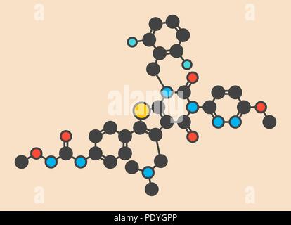 Relugolix Droge Molekül (gonadotropin-releasing Hormon-Antagonist). Stilisierte Skelett Formel (die chemische Struktur): Atome werden gezeigt, wie farbige Kreise: Wasserstoff (versteckt), Kohlenstoff (grau), Stickstoff (blau), Sauerstoff (rot), Schwefel (Gelb), Fluor (cyan). Stockfoto