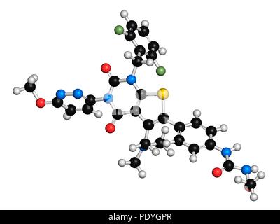 Relugolix Droge Molekül (gonadotropin-releasing Hormon-Antagonist). 3D-Rendering. Atome sind vertreten als Kugeln mit konventionellen Farbcodierung: Wasserstoff (weiß) Carbon (Schwarz), Stickstoff (blau), Sauerstoff (rot), Schwefel (Gelb), Fluor (hellgrün). Stockfoto