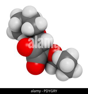 Squaric acid dibutyl ester Droge Molekül. 3D-Rendering. Atome sind vertreten als Kugeln mit konventionellen Farbcodierung: Wasserstoff (weiß), Kohlenstoff (grau), Sauerstoff (rot). Stockfoto