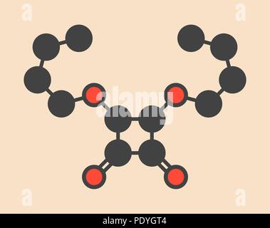 Squaric acid dibutyl ester Droge Molekül. Stilisierte Skelett Formel (die chemische Struktur): Atome werden gezeigt, wie farbige Kreise: Wasserstoff (versteckt), Kohlenstoff (grau), Sauerstoff (rot). Stockfoto