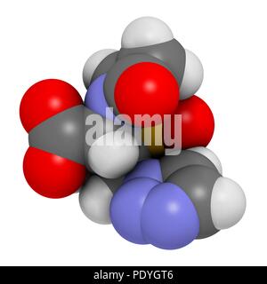 Tazobactam Droge Molekül. Hemmer der bakteriellen beta-Lactamase Enzyme. 3D-Rendering. Atome sind vertreten als Kugeln mit konventionellen Farbcodierung: Wasserstoff (weiß), Kohlenstoff (grau), Stickstoff (blau), Sauerstoff (rot), Schwefel (gelb). Stockfoto