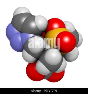 Tazobactam Droge Molekül. Hemmer der bakteriellen beta-Lactamase Enzyme. 3D-Rendering. Atome sind vertreten als Kugeln mit konventionellen Farbcodierung: Wasserstoff (weiß), Kohlenstoff (grau), Stickstoff (blau), Sauerstoff (rot), Schwefel (gelb). Stockfoto