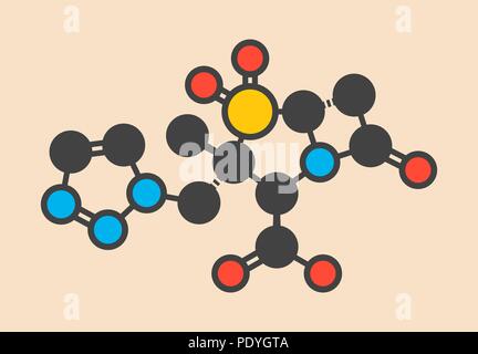 Tazobactam Droge Molekül. Hemmer der bakteriellen beta-Lactamase Enzyme. Stilisierte Skelett Formel (die chemische Struktur): Atome werden gezeigt, wie farbige Kreise: Wasserstoff (versteckt), Kohlenstoff (grau), Stickstoff (blau), Sauerstoff (rot), Schwefel (gelb). Stockfoto