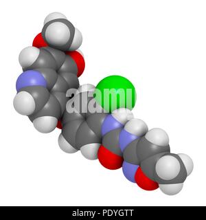 Tivozanib Krebsmedikament Molekül. 3D-Rendering. Atome sind vertreten als Kugeln mit konventionellen Farbcodierung: Wasserstoff (weiß), Kohlenstoff (grau), Stickstoff (blau), Sauerstoff (rot), Chlor (grün). Stockfoto