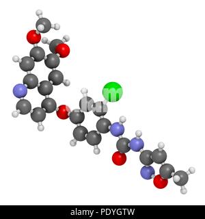 Tivozanib Krebsmedikament Molekül. 3D-Rendering. Atome sind vertreten als Kugeln mit konventionellen Farbcodierung: Wasserstoff (weiß), Kohlenstoff (grau), Stickstoff (blau), Sauerstoff (rot), Chlor (grün). Stockfoto