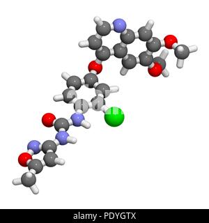 Tivozanib Krebsmedikament Molekül. 3D-Rendering. Atome sind vertreten als Kugeln mit konventionellen Farbcodierung: Wasserstoff (weiß), Kohlenstoff (grau), Stickstoff (blau), Sauerstoff (rot), Chlor (grün). Stockfoto