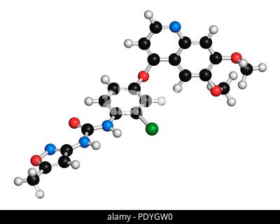 Tivozanib Krebsmedikament Molekül. 3D-Rendering. Atome sind vertreten als Kugeln mit konventionellen Farbcodierung: Wasserstoff (weiß) Carbon (Schwarz), Stickstoff (blau), Sauerstoff (rot), Chlor (grün). Stockfoto