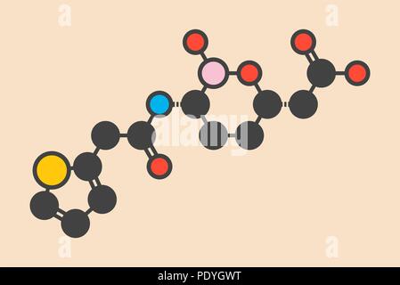 Vaborbactam Droge Molekül. Beta-Lactamase-Inhibitor mit meropenem Verschlechterung der Letzteren durch carbapenemase Enzyme zu blockieren, verwaltet. Stilisierte Skelett Formel (die chemische Struktur): Atome werden gezeigt, wie farbige Kreise: Wasserstoff (versteckt), Kohlenstoff (grau), Stickstoff (blau), Sauerstoff (rot), Schwefel (Gelb), Bor (rosa). Stockfoto