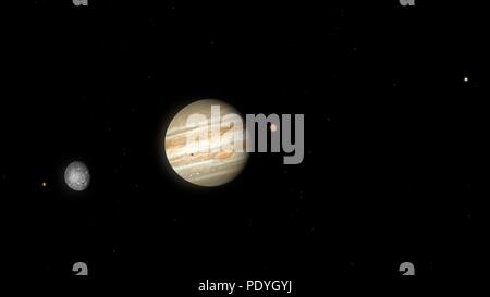 Artwork von Jupiter und seinen größten Vier (Galileischen Monde). Von links nach rechts die Körper sind Io, Callisto, Jupiter (mit dem Schatten von Io-cast auf Sie), Ganymed und Europa. Die Einrichtungen sind alle mit dem richtigen Maßstab dargestellt, wie aus der Ferne, irgendwo jenseits der Umlaufbahn des Callisto gesehen Stockfoto