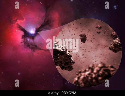 Darstellung der Körner gefunden innerhalb von interstellarem Staub und riesigen molekülwolken. Kosmischer Staub oder Raum Staub bezeichnet, diese Partikel sind bis zu 0,1 Mikrometer über, kann aber so klein wie nur wenige Moleküle werden. Die Körner werden von Staubkörnern und Aggregate der Staubkörner. Stockfoto