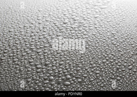 Wassertropfen perlen auf einer weissen Fläche. Muster der Kondenswasserbildung und Regen Feuchtigkeit Textur. Stockfoto