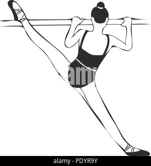Schwarze und weiße Vektorgrafik von Ballerina Student in Grätschstellung Splits mit Bein ruht auf Barre. Stock Vektor