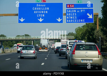Fahren auf Autobahn A7 - Autoroute du Soleil - Illustration, Rhonetal, Frankreich Stockfoto