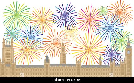 Palast von Westminster Houses of Parliament mit Big Ben Clock Tower in London und Feuerwerk Abbildung Stock Vektor