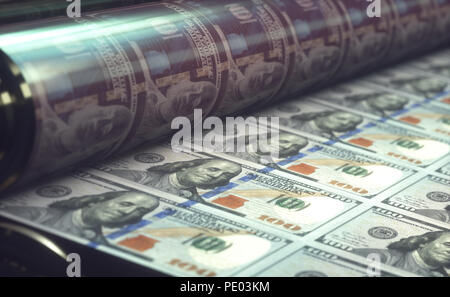 Drucken US-Dollarnoten. Konzept der Vereinigten Staaten, Kauf und Verkauf von Banknoten in den weltweit. Global Finance und Business. Stockfoto