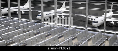 Air Travel Concept. Leere wartet Sitze für Öffentlichkeit in Airport Terminal, Banner. 3D-Darstellung Stockfoto