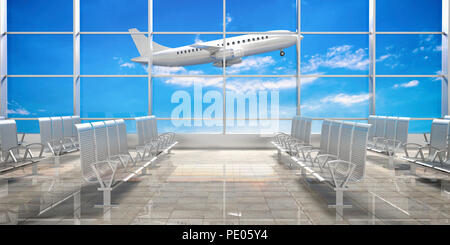 Air Travel Concept. Leere wartet Sitze für die Öffentlichkeit im Flughafen Terminal. 3D-Darstellung Stockfoto