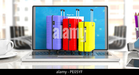 Online travel booking Konzept. Drei helle Farben Koffern auf einem Computer Laptop, blur Office Business Hintergrund. 3D-Darstellung Stockfoto