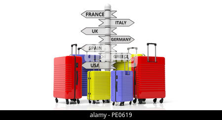 Reiseziele Konzept. Helle Farben Koffer und Länder Reiseziele Wegweiser auf weißem Hintergrund. 3D-Darstellung Stockfoto