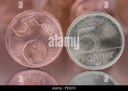 5 Forint und Euro Cent Münze Rückwärts Stockfoto