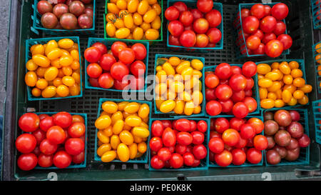 Verschiedene Arten und Farben von kleinen Tomaten in kleine Körbe aus Kunststoff Stockfoto