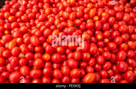 Stapel der Kleine Tomaten zum Verkauf auf dem Markt Stockfoto