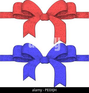 Ribbon Bögen, Rot und Blau. Abbildung gezeichnet Stock Vektor