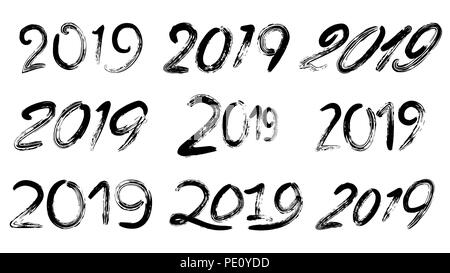 2019 Zeichen gesetzt. Grunge Kalligraphie. Frohes neues Jahr. Vintage Bürste Schriftzug. Flyer, Plakat, Karte, Design Broschüre. Schwarze Zahlen isoliert auf weißem Hintergrund Abbildung Stock Vektor