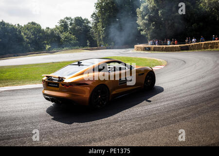 Ein Jaguar Sportwagen spinnt seine Reifen, Erstellen von Rauch, auf einer Schiene am Goodwood Festival der Geschwindigkeit 2018. Stockfoto