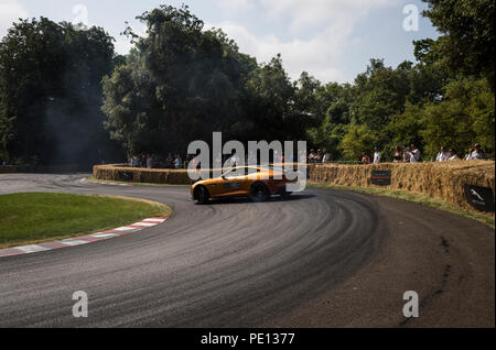 Ein Jaguar Sportwagen spinnt seine Reifen, Erstellen von Rauch, auf einer Schiene am Goodwood Festival der Geschwindigkeit 2018. Stockfoto