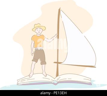 Junge schwimmend auf Buch mit Segeln. Hand Stil doodle Design gezeichnet. Vector Illustration Stock Vektor