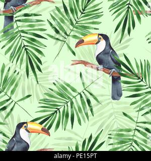 Palm Blätter und Toucan. Aquarell nahtlose Muster 5 Stockfoto