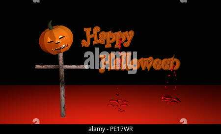 Happy Halloween Text mit Kürbis Laterne. 3D-Darstellung auf schwarzem Hintergrund Stockfoto