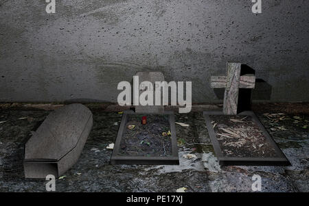 Gräber vor einem Verwitterten Mauer mit schlammigen Boden. 3D-Rendering Stockfoto