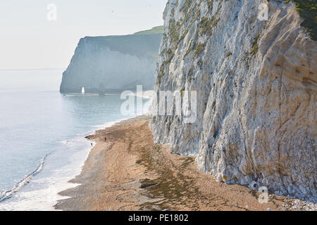 Suche in das Licht mit Blick auf Fledermäuse Kopf in der Nähe von Durdle Door mit weißen Felsen und einem goldenen Sandstrand an einem sonnigen Tag mit blauen Meer Wasser Stockfoto