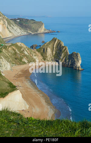 Auf der Suche nach unten aus dem grünen Gras bewachsenen Klippen an Durdle Door von der South West Coast Path, mit klarem, blauem Wasser, Sandstrand und einem klaren blauen Himmel Stockfoto