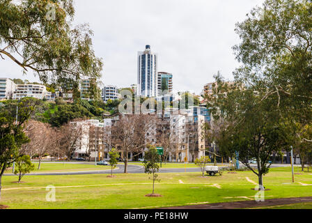 Park im Vordergrund, Hochhaus an der Bellevue Terrasse im Hintergrund, West Perth, Western Australien, Ozeanien Stockfoto
