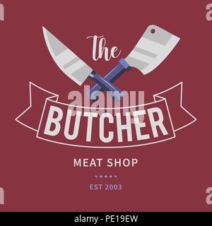 Logo der Metzger Fleisch Shop mit Cleaver und Kochmesser, text der Metzger, Fleisch Shop. Logo Template für Fleisch business-shop, Markt, Restaurant oder Grafik Design. Vector Illustration Stock Vektor