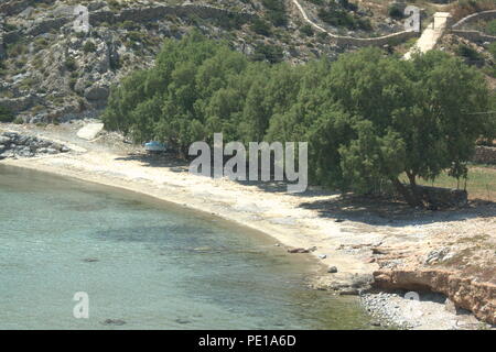 Ein abgeschiedener Strand, der von Tamarisken bewachsen ist, am Hafen der schönen griechischen Insel Schinoussa. Klares blaues Wasser fließt auf den Kiesstrand. Stockfoto